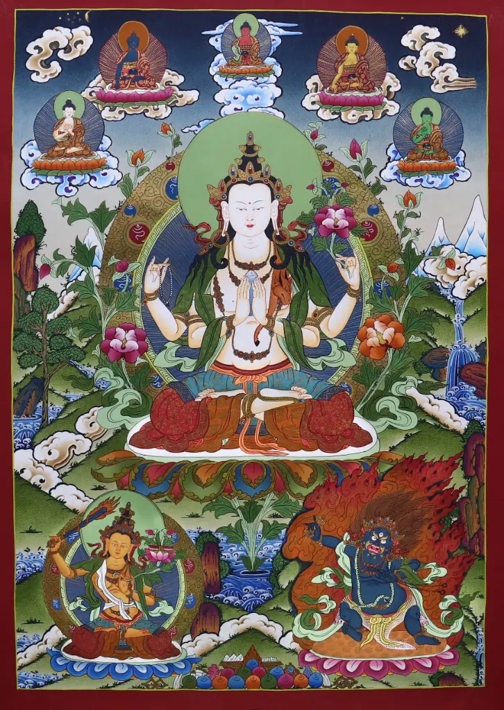 Consecrated Avalokiteshvara Thangka | Rigsum Gonpo & 5 Dhyani Buddhas